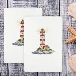 Set Of 2 Summer Lighthouse Embroidered Hand Towels - Linum Home Textiles