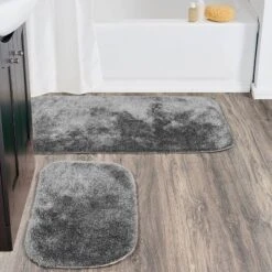 2pc Traditional Nylon Washable Bathroom Rug Set Dark Gray - Garland Rug