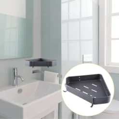 Unique Bargains Bath Corner Shower Shelves Adhesive Caddy With Hooks And Rod For Bathroom 9.57"x9.57"x1.97" 2 Sets