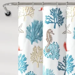 Single Reef Feather Shower Curtain Blue/Coral - Lush Décor