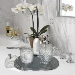 Set Of 3 Emory Glass & Chrome Soap Pump & Q-tip Jar Set With Vanity Tray Metallic Silver - Nu Steel