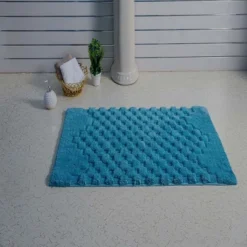Knightsbridge Luxurious Block Pattern High Quality Year Round Cotton With Non-Skid Back Bath Rug Aqua