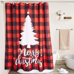 Juvale Red Buffalo Plaid Merry Christmas Tree Bath Shower Curtain Set Polyester With 12 Hooks For Bathroom Decor 70"x71"