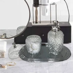 Set Of 3 Emory Glass & Chrome Soap Pump & Q-tip Jar Set With Vanity Tray Metallic Silver - Nu Steel -Bathroom Products Store GUEST 83f098f9 980e 4aba a8c7 94ef5e39158d