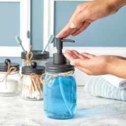 Okuna Outpost 4 Piece Glass Bathroom Accessories Set With Soap Dispenser, Toothbrush Holder, Apothecary Mason Jar