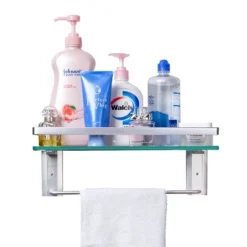 Vdomus 15.2" X 4.5" Rectangular Wall Mounted Glass Bathroom Shelf With Hand Towel Bar, Clear