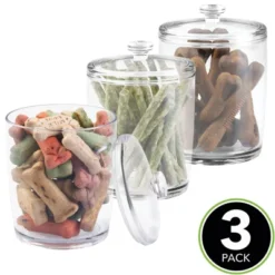 MDesign Tall Round Plastic Dog Food, Treat Storage Canister Jar - 3 Pack - Clear