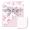 Hudson Baby Infant Girl Cotton Hooded Towel And Washcloth 2pc Set, Pink Floral, One Size