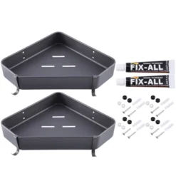 Unique Bargains Bath Corner Shower Shelves Adhesive Caddy With Hooks Drill For Bathroom 9.57"x9.57"x1.97" 2 Sets -Bathroom Products Store GUEST d446929f 5390 43cf 8484 37d5ffa0eeb2