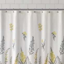 Snapdragon Floral Fabric Shower Curtain Yellow/Gray - Zenna Home
